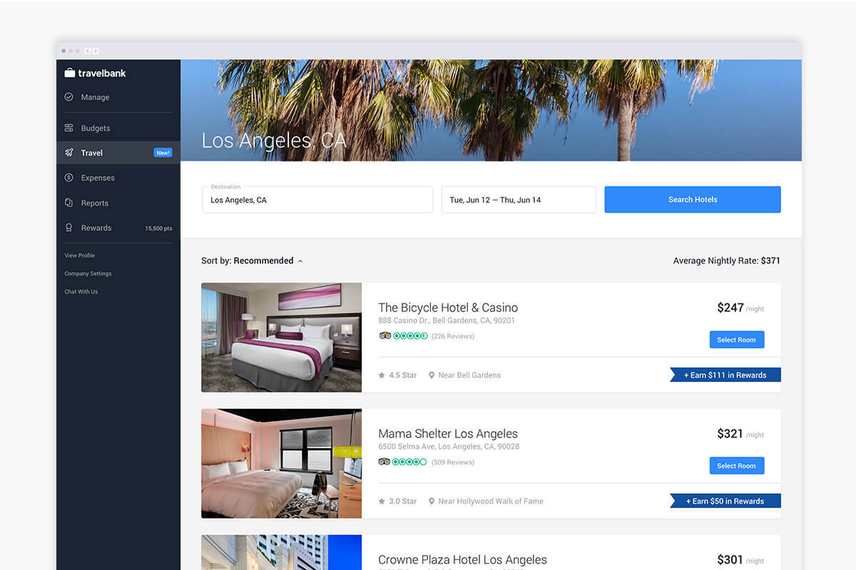 Search results for hotels bookings platform on TravelBank desktop app.