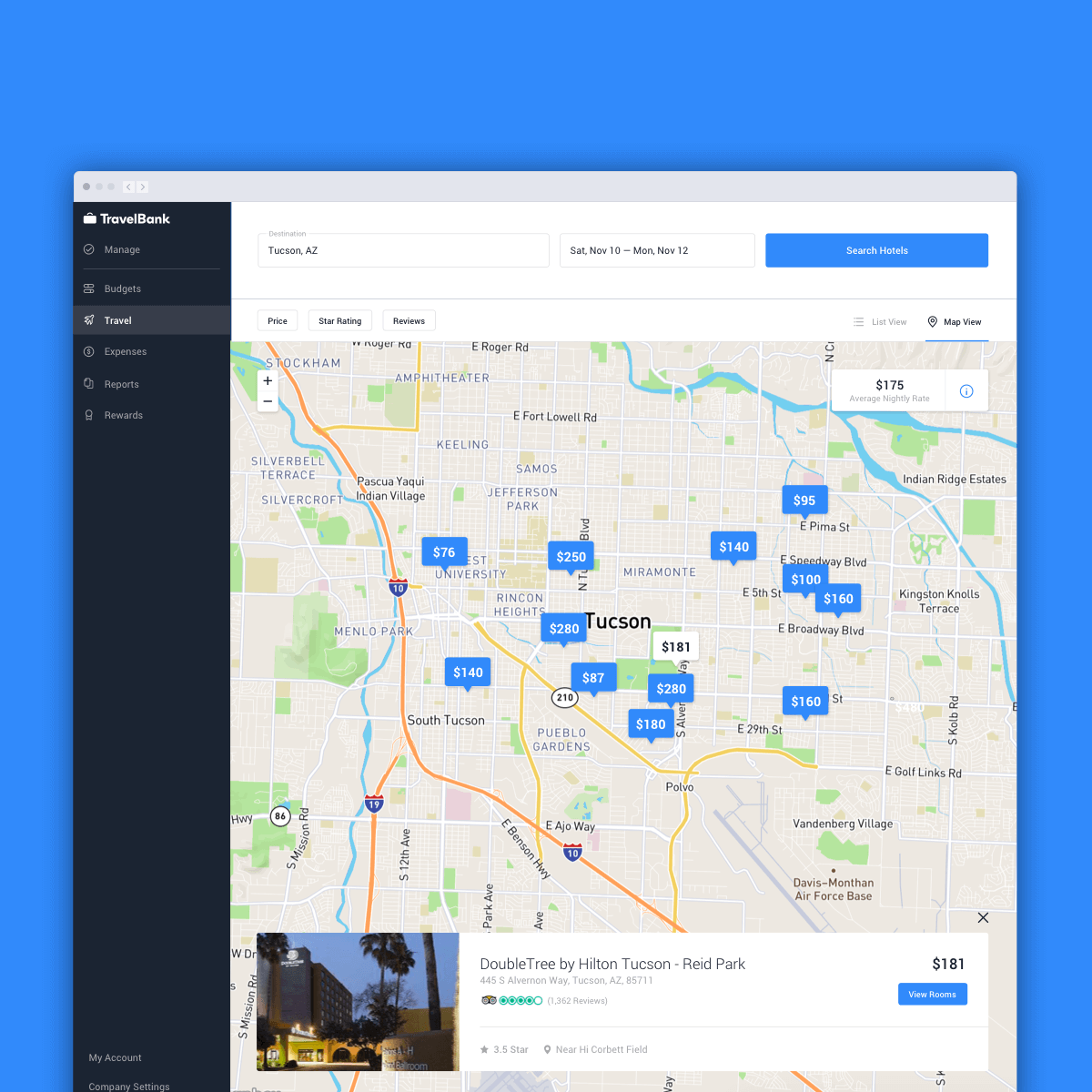 Hotel filters allow users to filter by price, star ratings, and reviews on both list and map views of the hotels search results