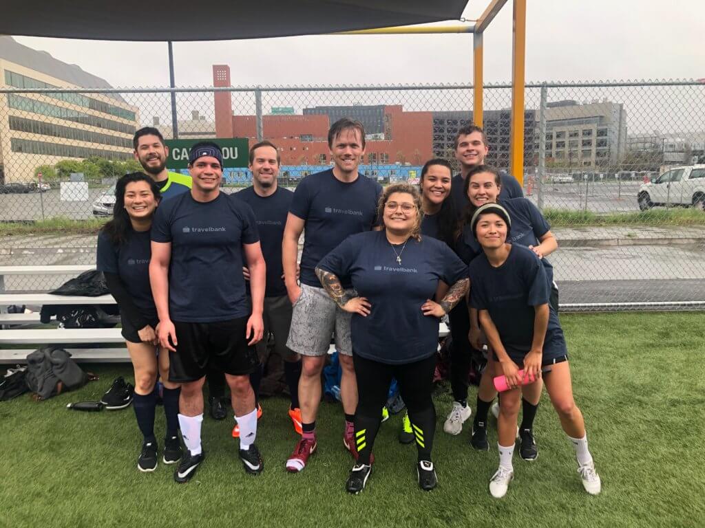 travelbank employees play on a recreational soccer team