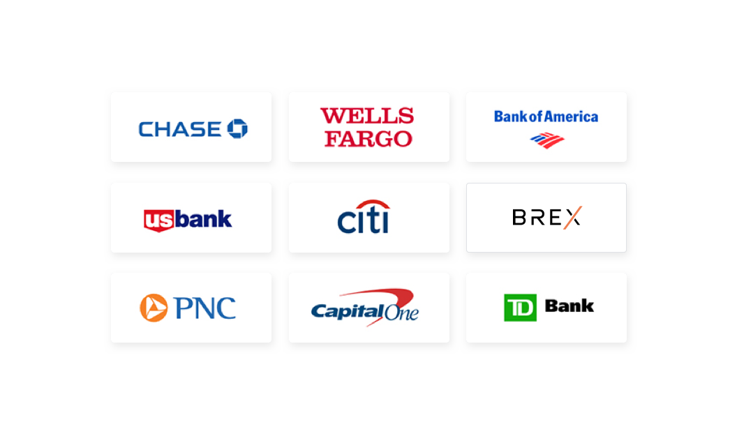 Bank logos: Chase, Wells Fargo, BofA, US Bank, Citi, Brex, PNC, Capital One, TD Bank