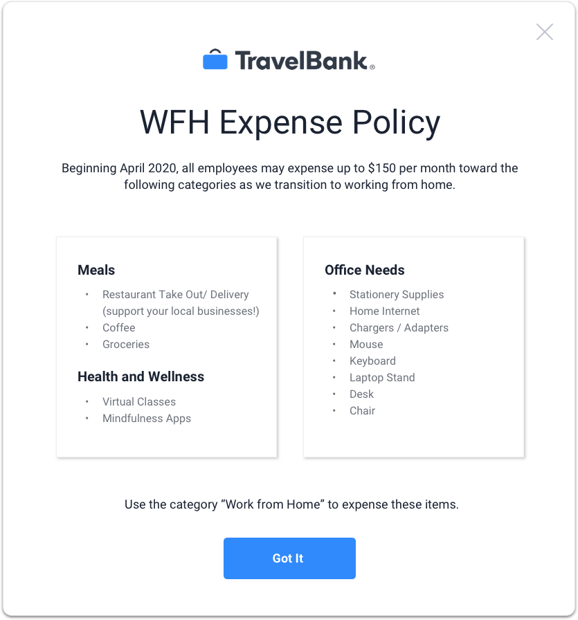 Work From Home Expense Policy in the TravelBank App
