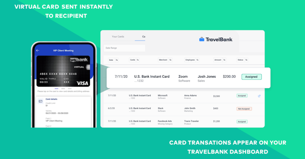 Virtual card sent instantly to recipient. Card transactions appear on your TravelBank dashboard.