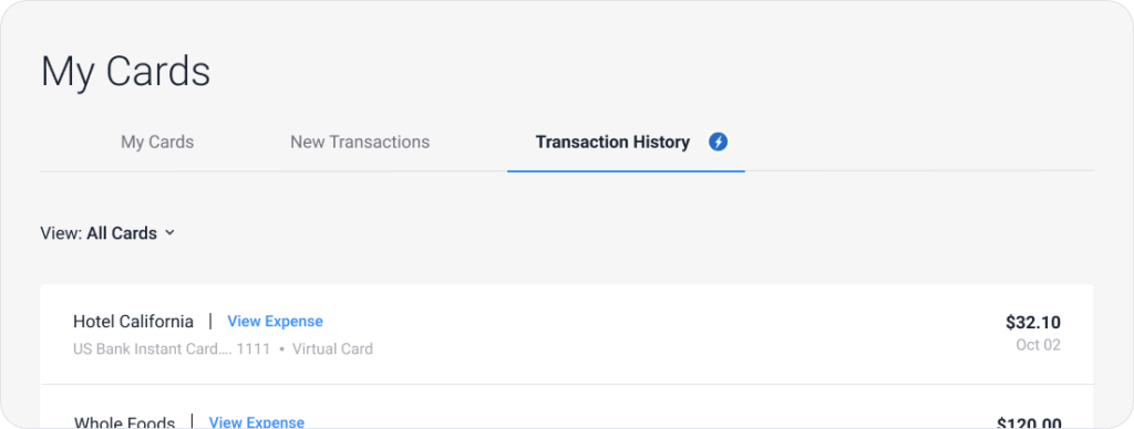My Cards transaction history tab