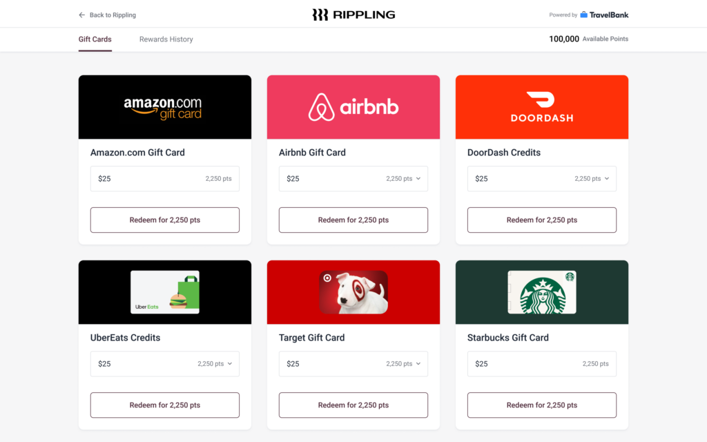 A screen shot of the Rippling gift card redemption page, powered by TravelBank.