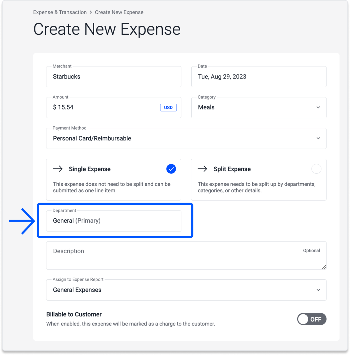 Add department field on expense details.