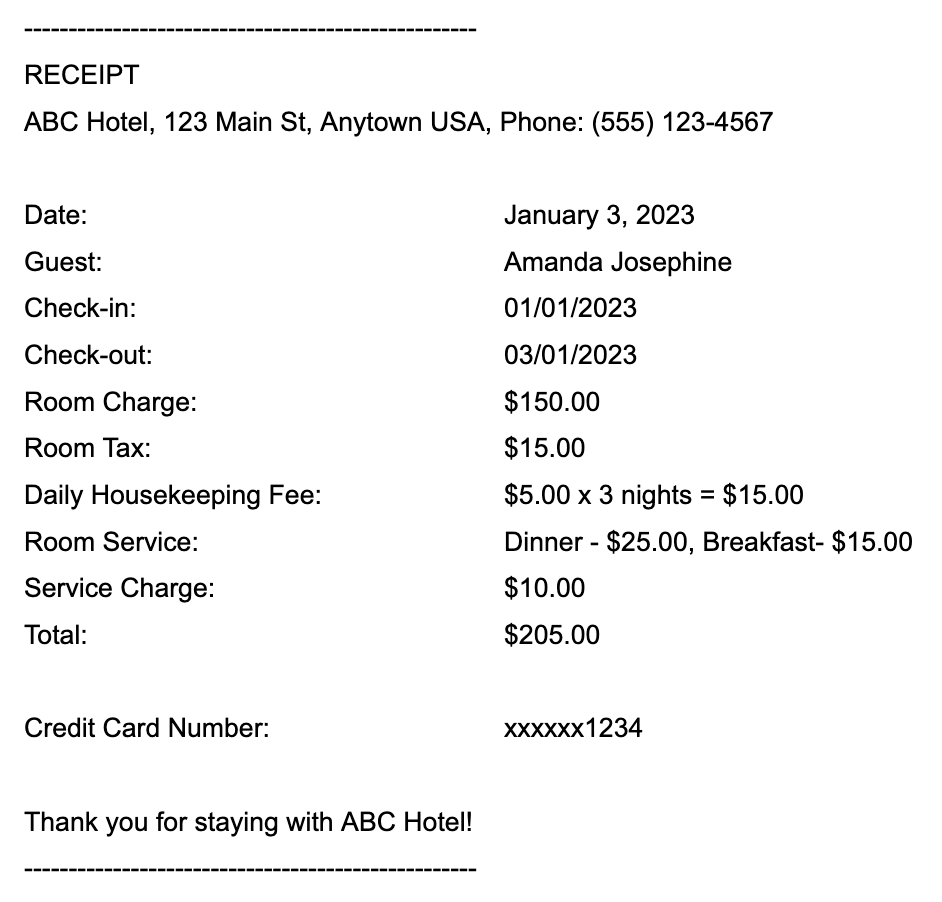 An example of a hotel receipt.