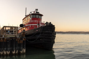 A boat docked in the water.
