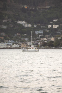 A boat is floating in a body of water.