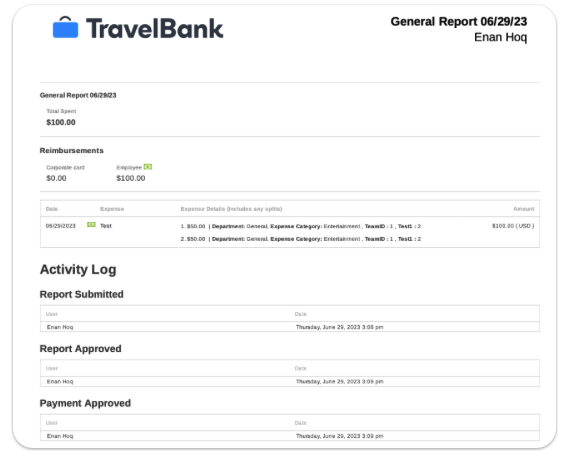 Travelbank activity log report.