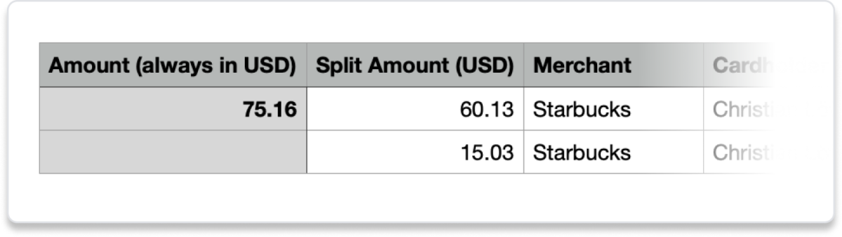 A table showing the amount of a transaction broken down into split amounts.