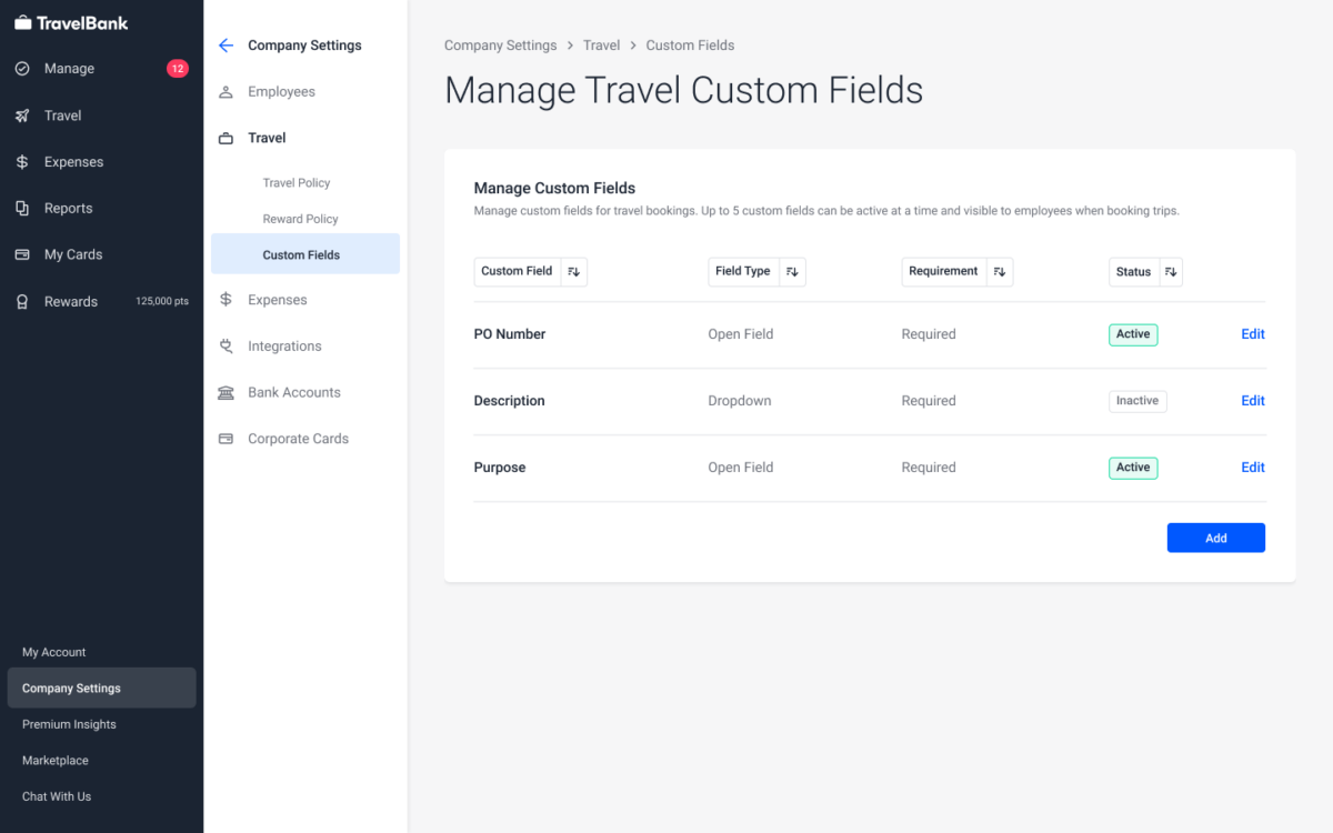 Screenshot of custom field manager in TravelBank.