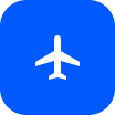 An airplane icon on a blue square.