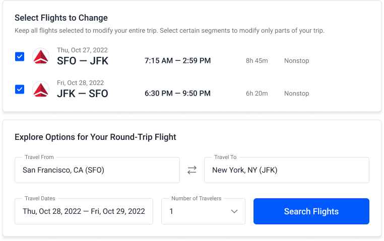 A screenshot of the booking page for a flight change.
