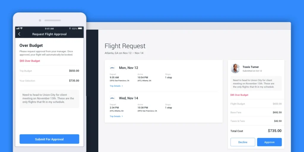 A flight booking app for travel management for small business on a phone and a tablet.