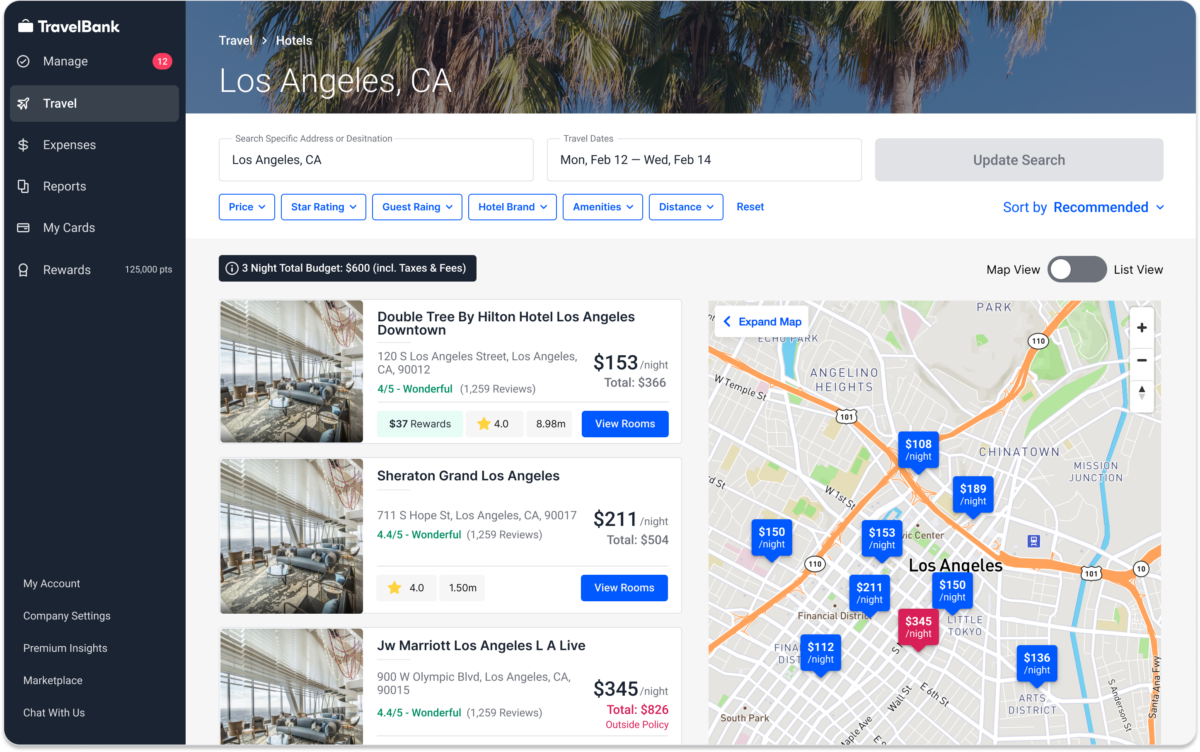 A screenshot of the Hotel Map and List view in TravelBank.