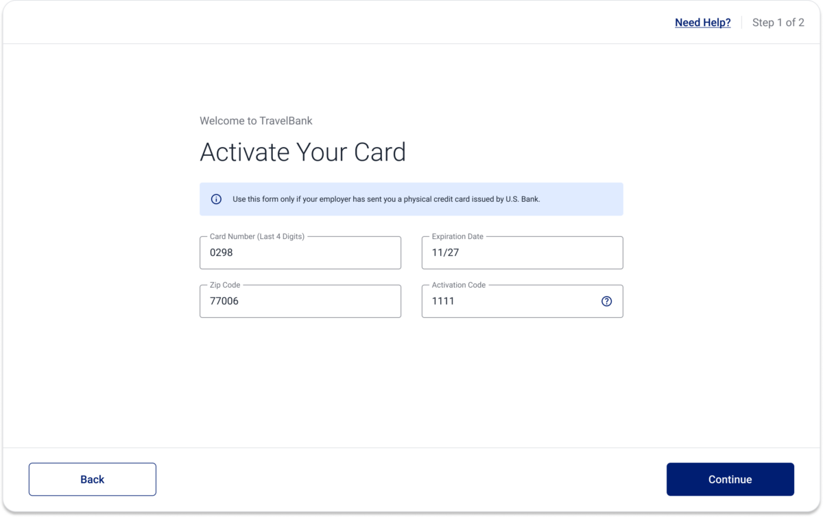 A screenshot of the card activation screen which prompts users to input the details of their card.