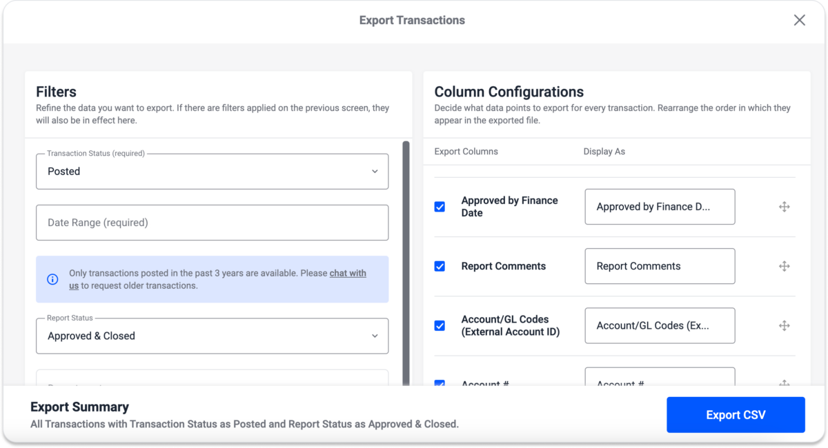 Transaction Export settings screenshot in TravelBank.