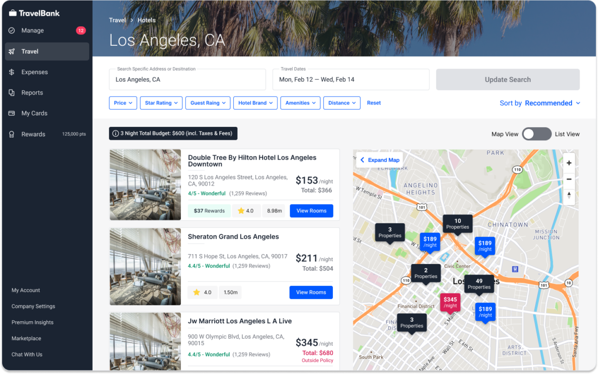 A screenshot of the map view in TravelBank showing hotels in Los Angeles.