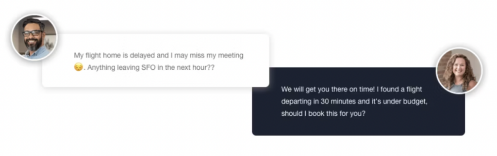 Two chat bubbles with profile pictures: a man expressing concern about a flight delay and a woman offering a solution with a new flight option.