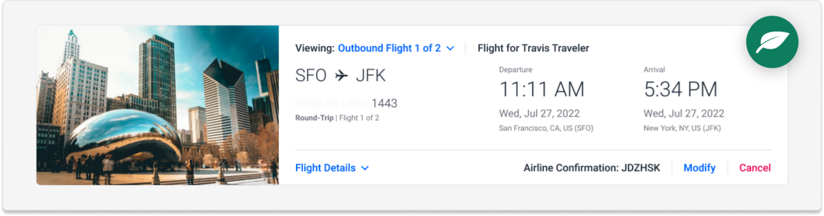 A TravelBank user's flight itinerary displaying an outbound trip from sfo to jfk with flight details and options to modify or cancel the booking, superimposed on a cityscape background featuring the reflective cloud gate sculpture.