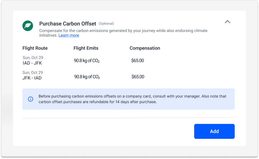 A TravelBank screenshot displaying a carbon offset purchase option for flight emissions with details on flight route, co2 emissions, and cost.