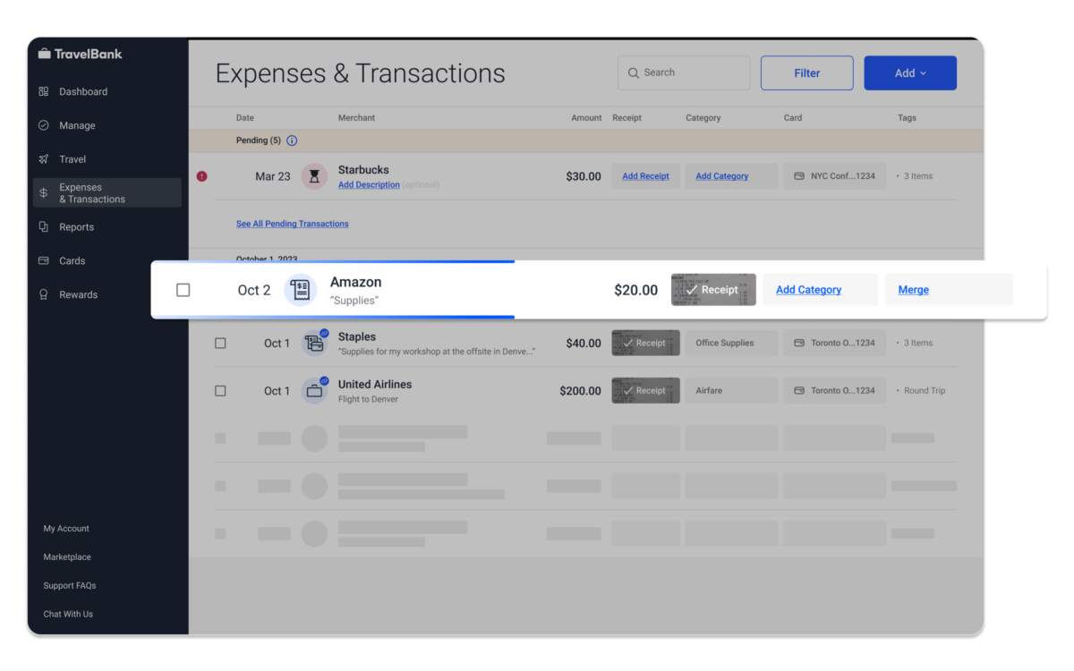 A screenshot detail of an animation for a new expense in TravelBank against a dashboard displaying various transactions.