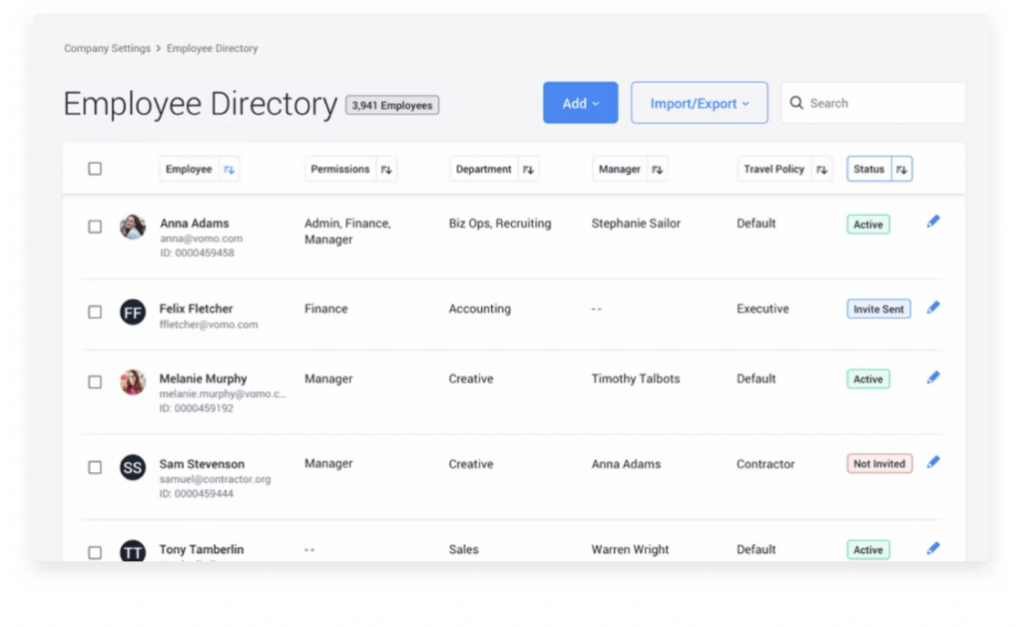 Screenshot of a company employee directory interface showing names, roles, departments, managers, and statuses.