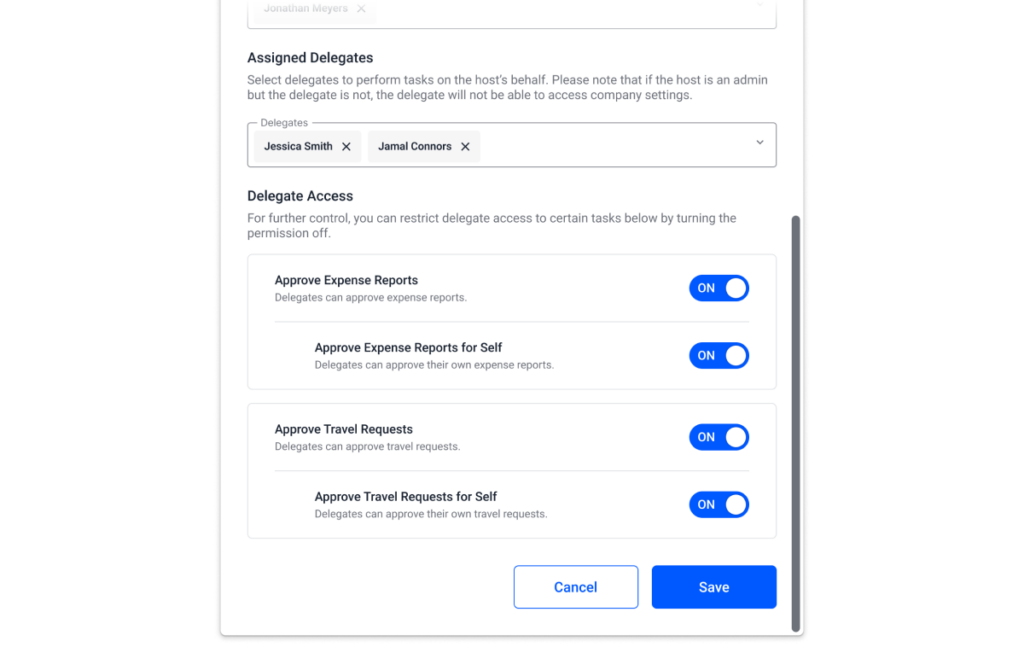 A screenshot of adding settings in TravelBank for delegate permission settings with toggle switches for expense report approvals.