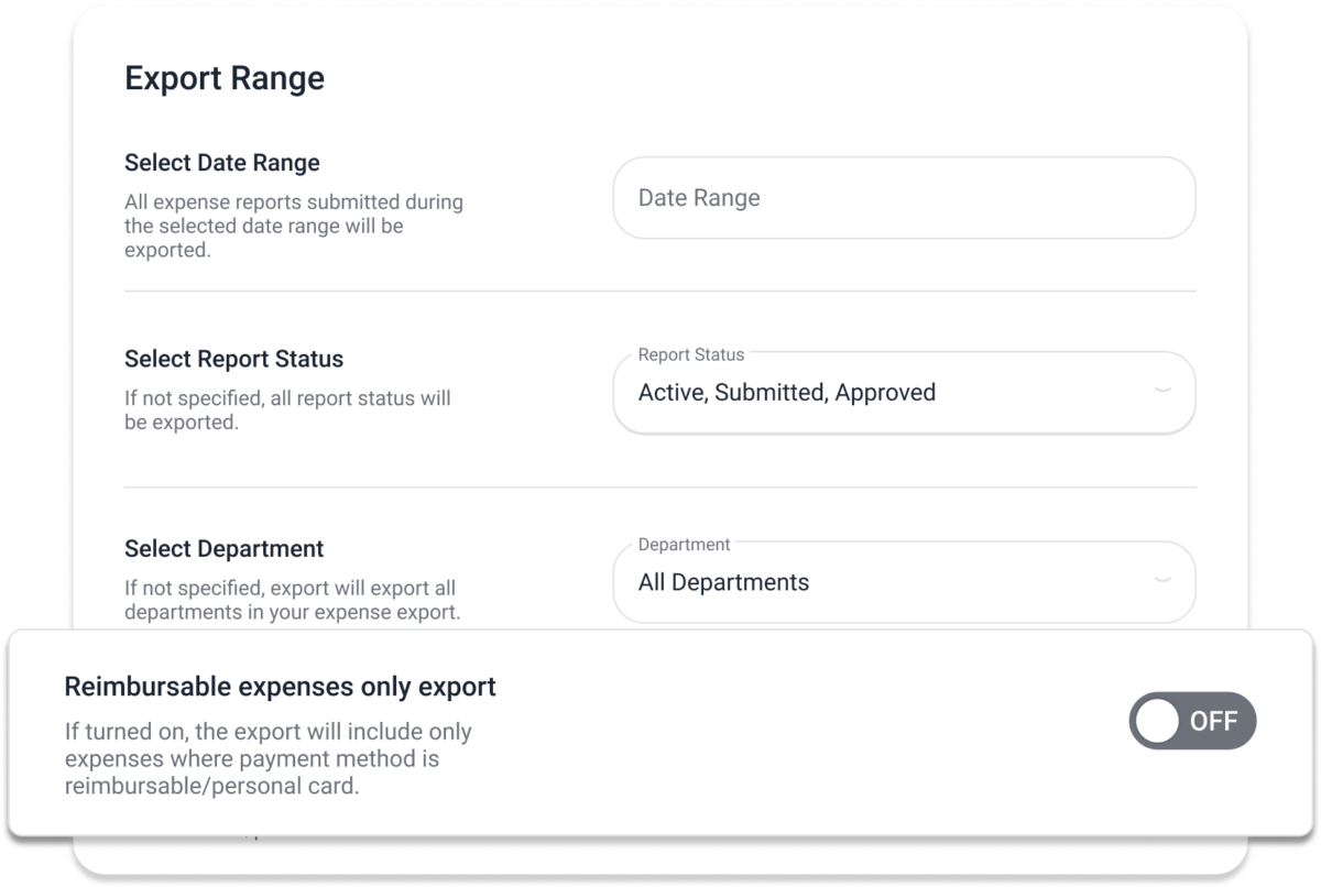 A screenshot of TravelBank expense expense export options to select date range, report status, department, and a toggle for reimbursable expenses only.