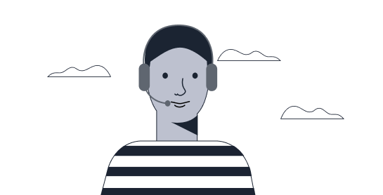 Illustration of a person with a headset, wearing a striped shirt, with clouds in the background.