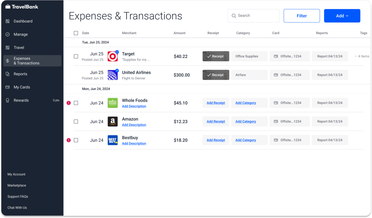 A screenshot of the TravelBank app showing a list of expenses and transactions, including purchases at Target, United Airlines, Whole Foods, Amazon, and Best Buy from June 24 to June 25, 2024.