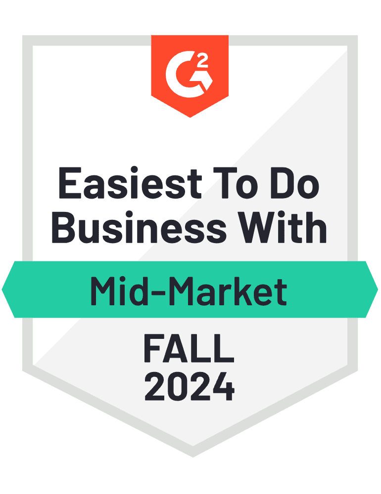 Badge from G2 recognizing a company as the Easiest To Do Business With in the mid-market category for Fall 2024.