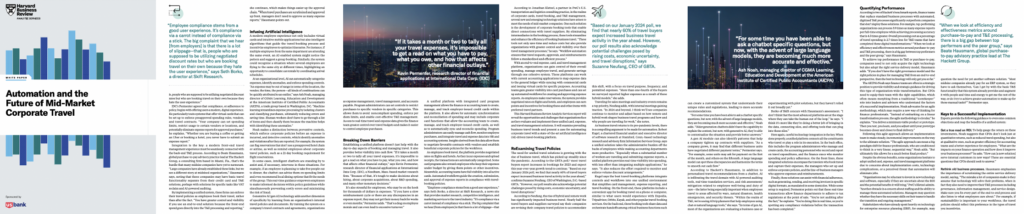 An extensive text-heavy infographic delving into the future of corporate travel, examining automation's impact on mid-market segments with charts and highlighted quotes.