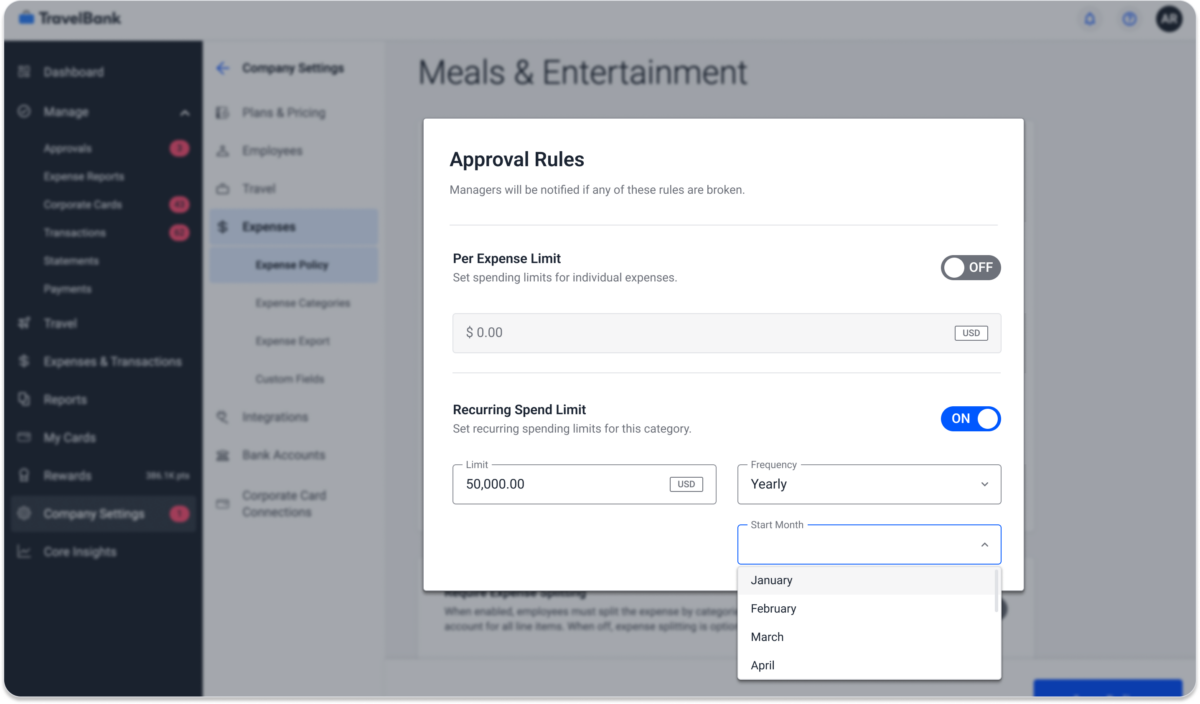 A screen showing approval rules for expenses. Recurring spend limit is set to $5,000.00 yearly, starting in January. Options for limits and start month are displayed.