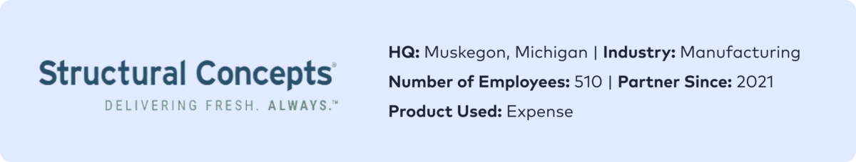 Image showing Structural Concepts company info: HQ in Muskegon, Michigan; industry is manufacturing; 510 employees; partner since 2021; product used is Expense.