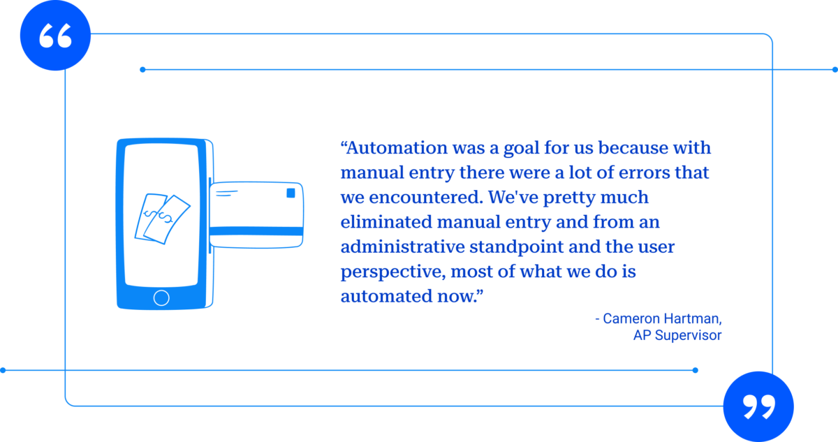 Illustration of a mobile phone and card reader beside a quote on automation by Cameron Hartman, AP Supervisor, in a blue color scheme.