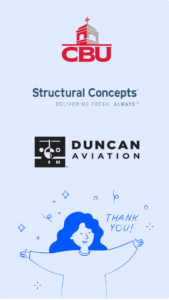 Logos of CBU, Structural Concepts with the slogan "Delivering Fresh. Always.", and Duncan Aviation above a drawing of a person with the text "Thank You!".