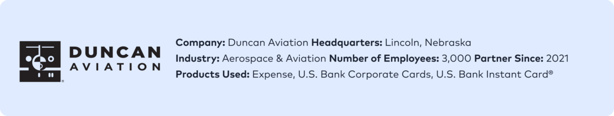 Banner featuring Duncan Aviation's logo and company details: Company based in Lincoln, Nebraska, involved in aerospace and aviation, with 3,000 employees. Partner since 2021. Products: Expense and U.S. Bank cards.