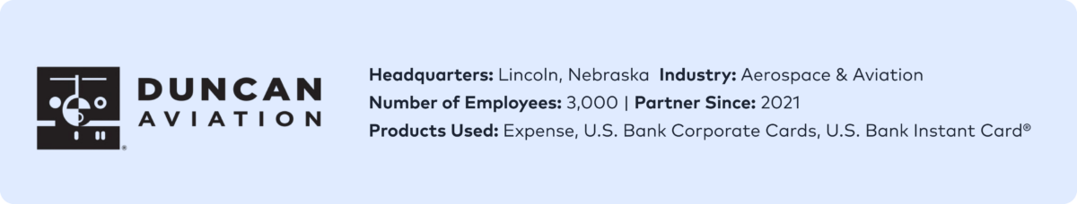 Duncan Aviation info card showing headquarters in Lincoln, Nebraska, industry as Aerospace & Aviation, 3,000 employees, partner since 2021, and products used including U.S. Bank cards.