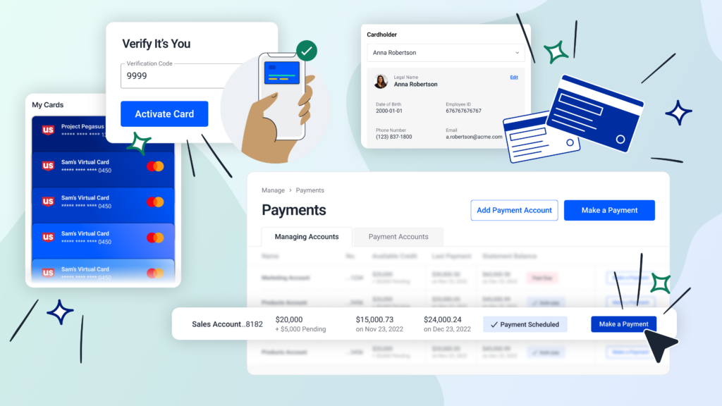 Dashboard interface showing a card activation screen, payment and account management menus, and a scheduled payment confirmation.