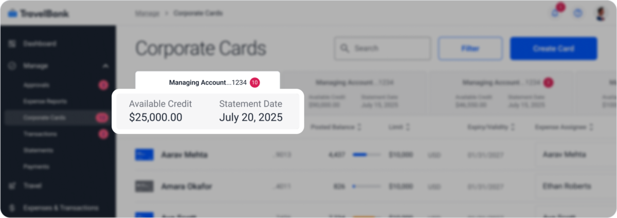 Dashboard showing corporate cards with a highlighted section displaying an available credit of $25,000 and a statement date of July 20, 2025.