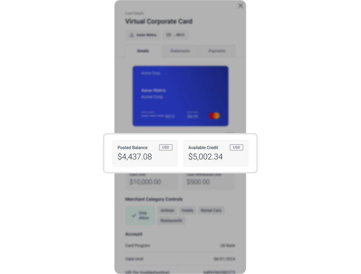 A virtual corporate card screen displays a posted balance of $4,437.08 and an available credit of $5,002.34 USD.