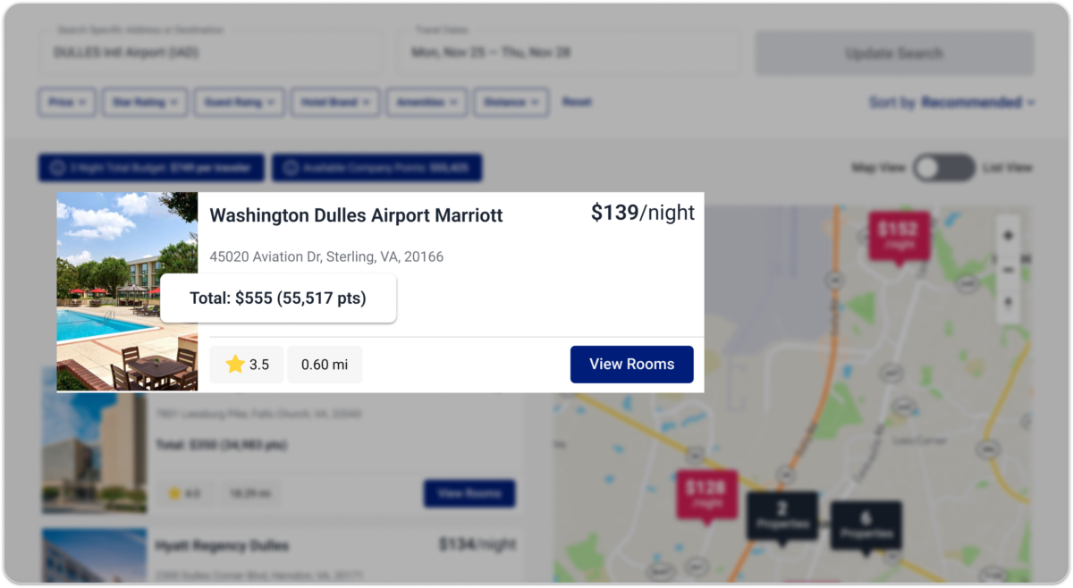 Search results for hotels in the TravelBank app showing hotel search and rewards points alongside the total price of a hotel.