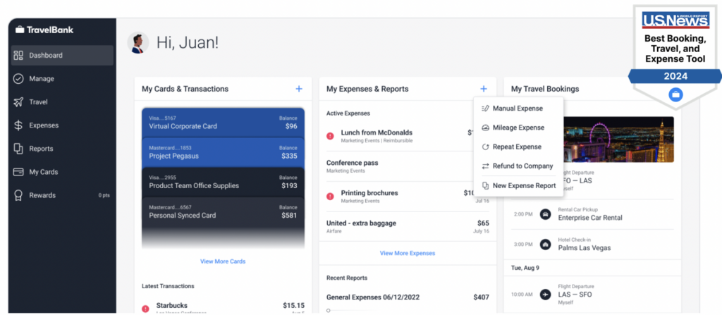 Screenshot of a dashboard from TravelBank app displaying cards, transactions, expenses, reports, and travel bookings. A "Best Booking, Travel, and Expense Tool 2024" badge is visible.