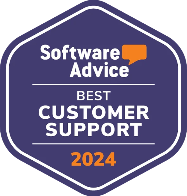 A purple badge labeled "Software Advice Best Customer Support 2024" with an orange chat icon.