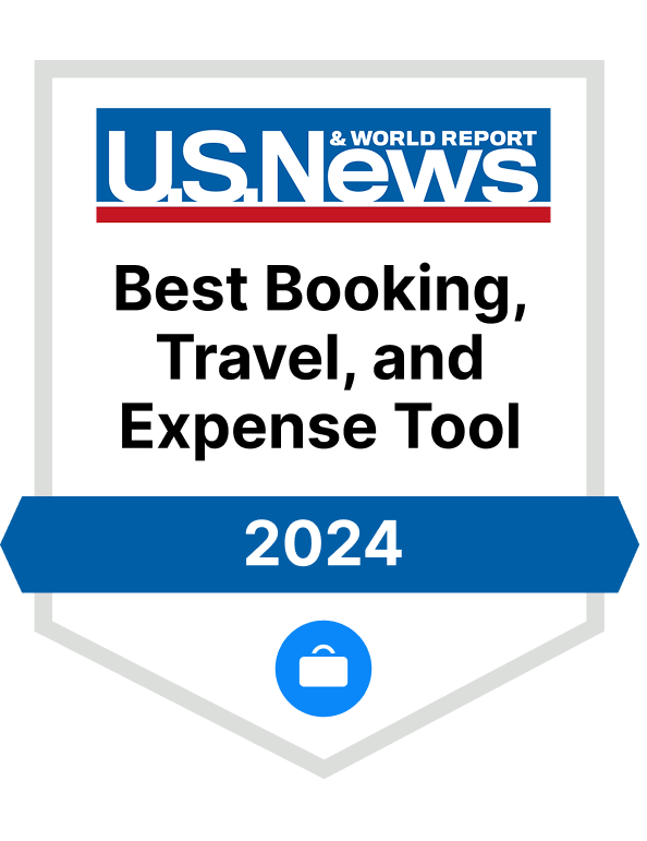 A U.S. News & World Report badge for "Best Booking, Travel, and Expense Tool 2024" with a blue suitcase icon at the bottom.