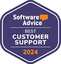 Hexagonal badge with "Software Advice Best Customer Support 2024" in white text on a dark purple background.