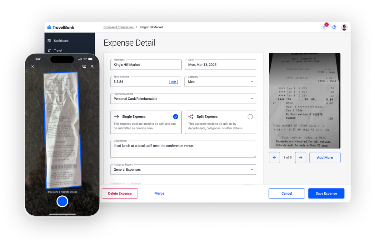 A phone displays a photographed receipt, while a computer screen shows an expense report entry form with receipt images and expense details filled in.