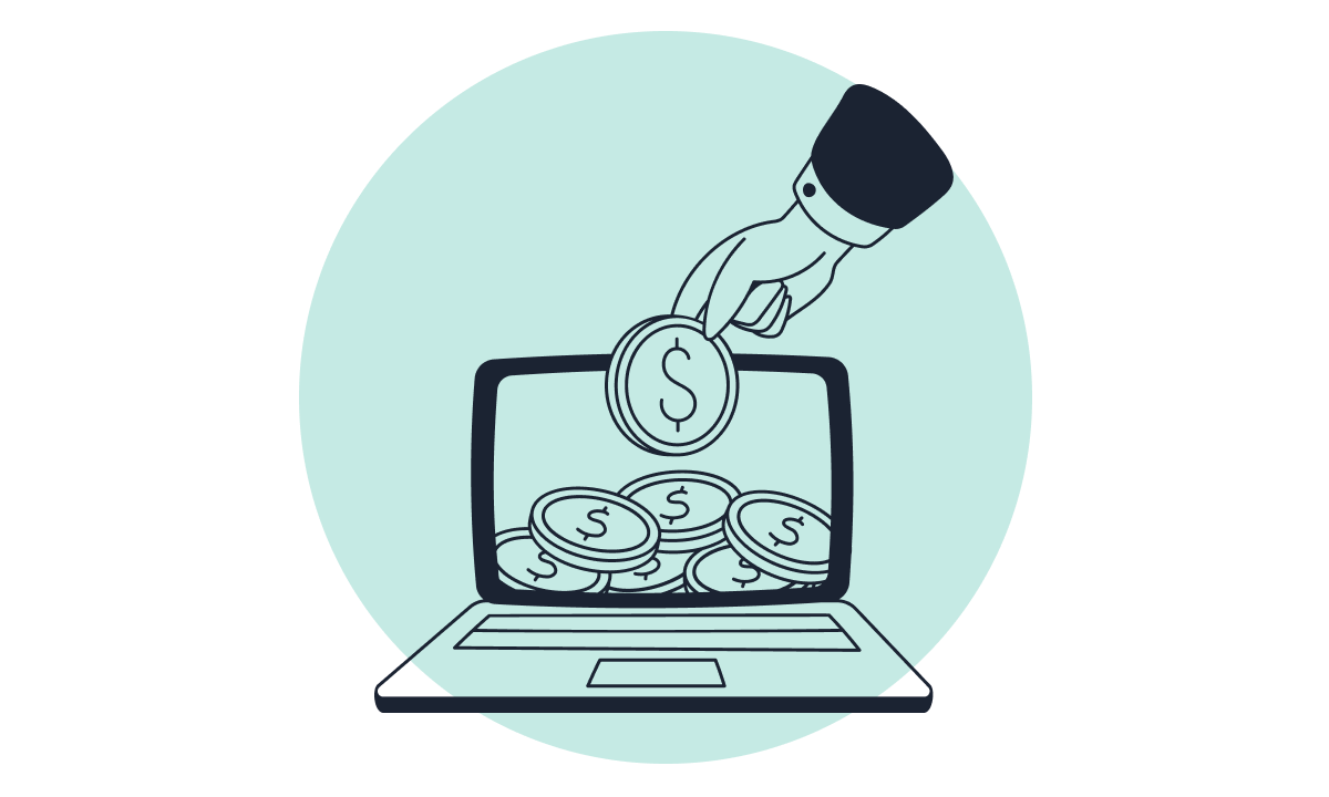 Illustration of a hand placing a coin into a laptop screen, with more coins inside the laptop, symbolizing online or digital payments.