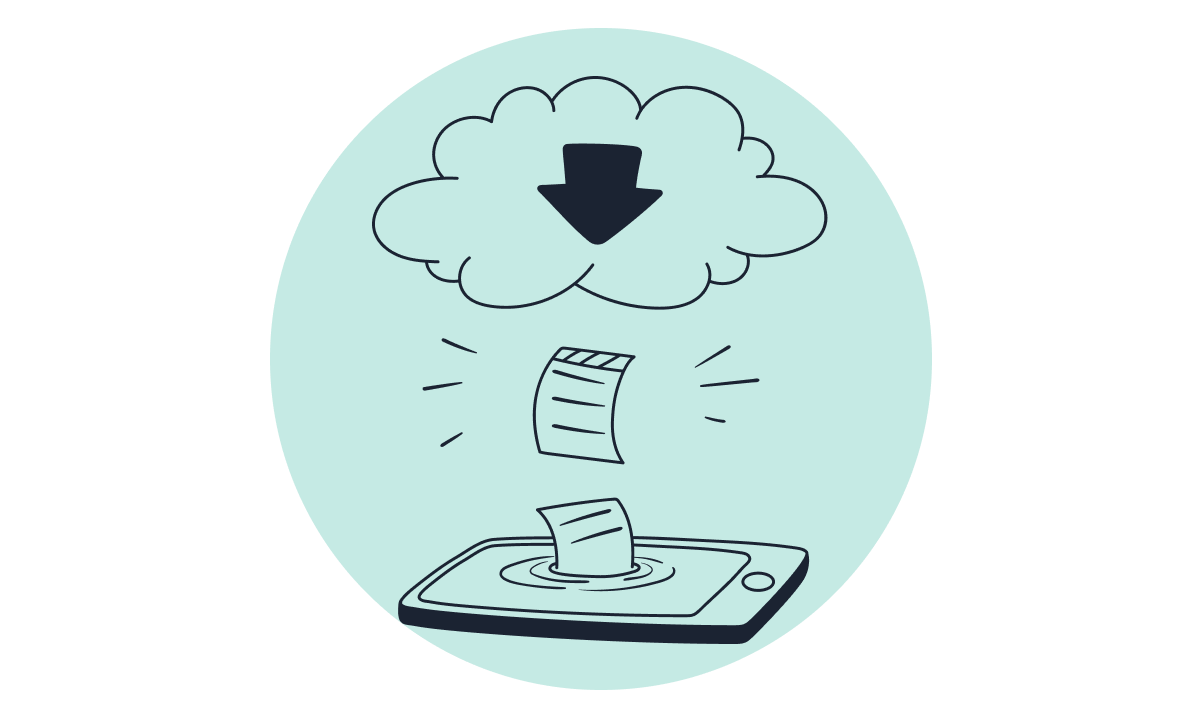 Illustration of a mobile device receiving a file from a cloud, symbolized by a cloud with a downward arrow and a document transferring to the device.